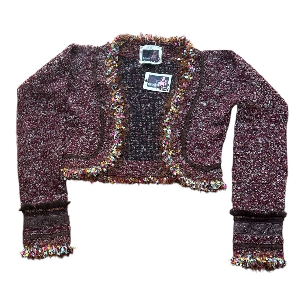 Buffalo David Bitton Burgundy Boucle Knit Bolero Cardigan Fringe Sequin Shrug M